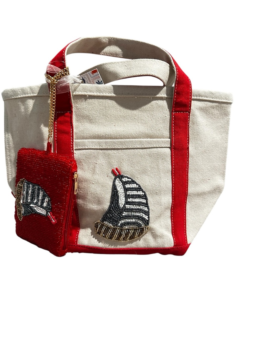 Canvas Tote w/Red Trim and Sailboat Beadwork with matching coin pouch